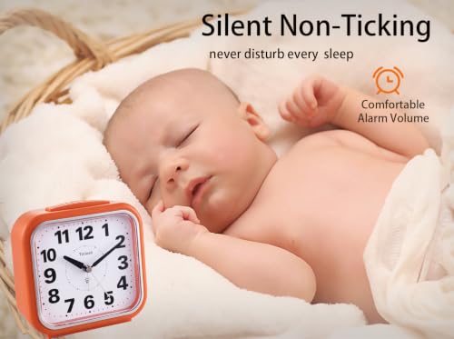 Image of Tinload 5.5 inch Large No Ticking Analog Alarm Clock,Silent Readable for Seniors,Easy to Set,Gradual Rise Alarm,Big Numbers,Gentle Wake,Snooze, Lighted on Demand,Battery Operated,Orange