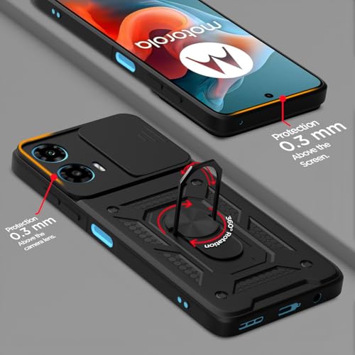 Image of Pikkme Back Cover for Motorola Moto G34 / G45 5G | 360 Protection Case | Sliding Camera Shield Cover & Ring Holder Stand D10 Tough Armor Bumper Case (Black)