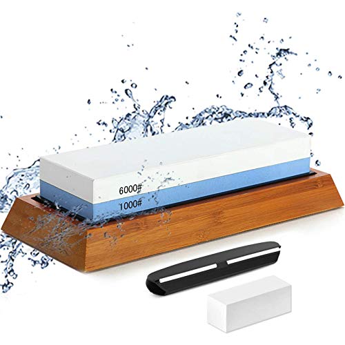 Double-sided Sharpening Stone 1000/6000, with Corner Guide, Correction stone, Non-Slip Bamboo Base, Dual-Grit Wet Sharpener Anti-slip design Best Wet Sharpener