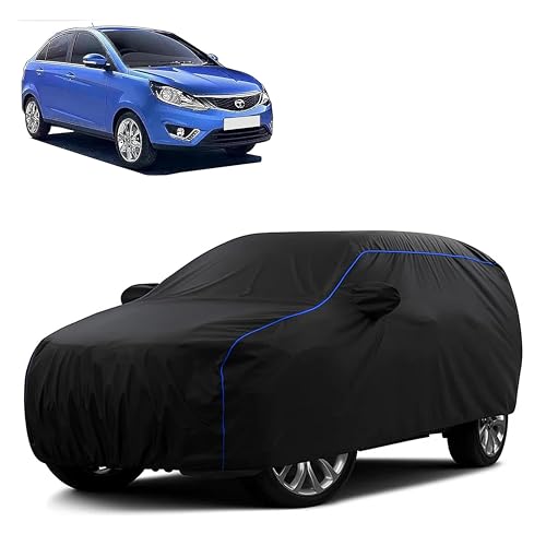 Image of Sulfar 100% Water Resistant Car Body Cover Compatible with Mirror for Tata Zest (Triple Stitched, Full Bottom Elastic, Black Tafetta with Blue Piping)