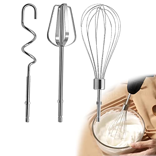 Bogoro Qazuwa-123 Handmixer Zubehörset, 3-teilig: 1 Rührbesen, 1 Knethaken, 1 Ballon Schneebesen, Edelstahl, Silber