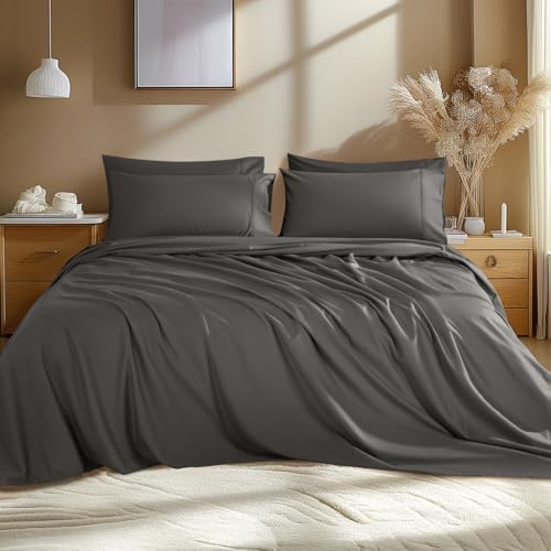 Shilucheng 100% Egyptian Cotton Queen Sheets Sets - 4 Pc, 1000 TC Luxury Sheets Deep Pocket 16 Inch, Soft Hotel Style Sheets with Pillowcases (Dark Grey)