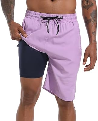 FT FENTENG Men's Swim Trunks with Compression Liner, 9‑Inch Inseam Board Shorts, Zipper Pockets, 4‑W...