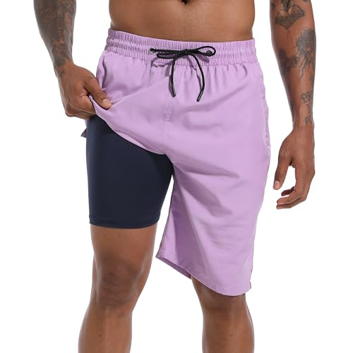 FT FENTENG Herren-Badehose mit Kompressionsfutter, 22,9 cm, Boardshorts, 2-in-1, schnell trocknende Badeanzüge mit Reißverschlusstaschen, Lavendel-C, M
