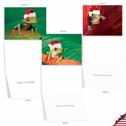Image of The Best Card Company - 10 Holiday Note Cards for Christmas - Festive Bulk Assortment, Boxed Notecards with Envelopes (4 x 5.12 Inch) - Yule Frogs M1754XS