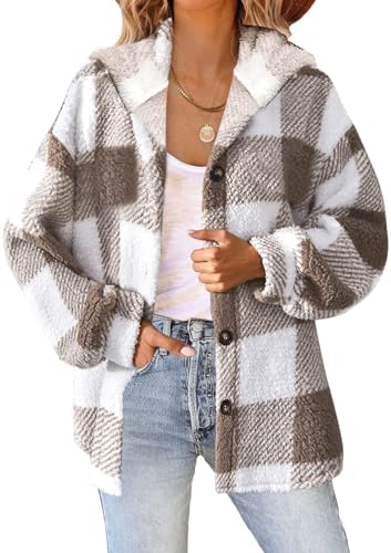 Womens Plaid Fuzzy Fleece Jacket Oversized Long Sleeve Shackets