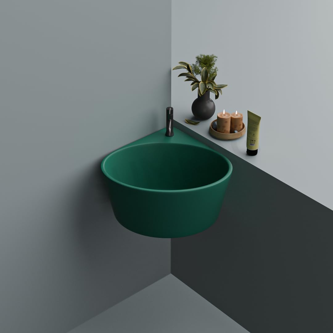 Ceramic Corner Basin/wall Mount Basin for Bathroom/wall Hung Wash Basin/small Corner Sink (Green)