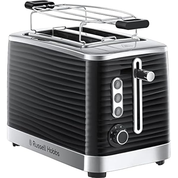 Russell Hobbs toster, szybkie opiekanie, funkcja rozmrażania, szerokie otwory, funkcja podnoszenia tostów, tacka na okruchy i ruszt na bułki, moc 1050W, czarny, Inspire 24371-56