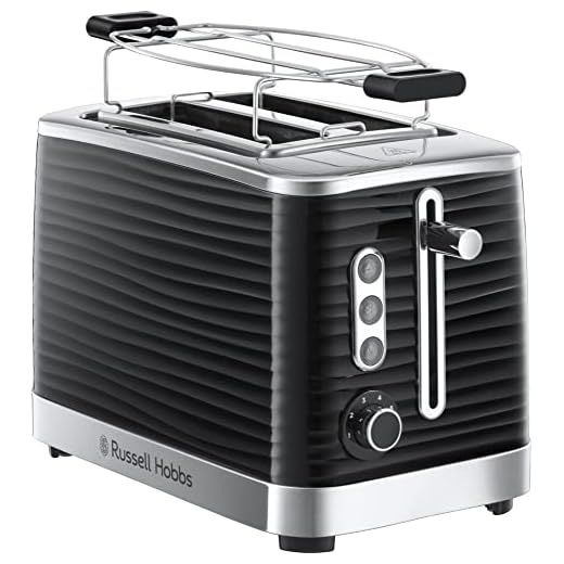 Russell Hobbs Toaster [für 2 Scheiben] Inspire Schwarz mit hochwertiger Hochglanz-Struktur (extra breite Toastschlitze, inkl. Brötchenaufsatz, 6 Bräunungsstufen + Auftau- & Aufwärmfunktion) 24371-56