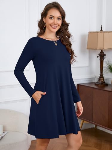 KORSIS Women Long Sleeve Tops T-Shirt Dress Round Neck Casual A-Line Loose Vocation Fall Winter Dress Whith Pockets Navy Blue XL — view 6