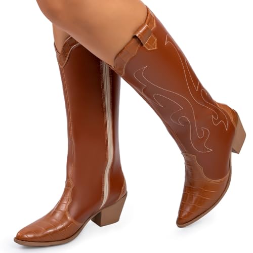 Bota Feminina Texana Bordada Western Bico Fino Confortável caramelo36