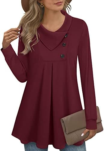 Timeson Long Tunics Sweaters for Women to wear with Leggings,Cotton Loose Fitting Tops Plain Long Sleeve Cowl Neck Pullover Feminine Trendy Dressy Sweatshirts Pleated Knit Blouses Wine X-Large