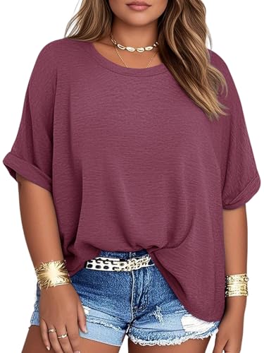 YGOODM Women's Plus Size Summer Tops Summer Oversized Tshirts Shirts Crewneck Half Sleeve Tees Wine Red