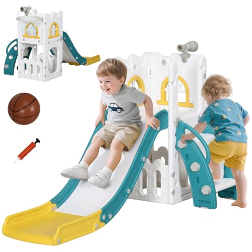 AIYAPLAY Kinder Rutsche 4-in-1 Kinderrutsche mit Basketballkorb, Klettergerüst, Teleskop, Basketball Gartenrutsche Kleinkinderrutsche für Indoor & Outdoor 1 bis 3 Jahre, Gelb