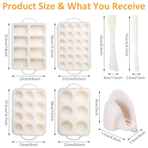 Yiyiring 7 Pcs Silicone Baking Pan Set with 4 Molds (Loaf, Muffin, Mini Muffin, Round), Spatula, Dual-head Pastry Brush Oven Mitts Nonstick for Cupcakes Brownies Bread, Confetti Design