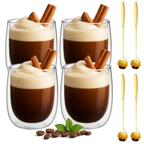 weiclianhp Juego de 4 vasos de café con cucharas y posavasos, 350 ml, con cucharas y posavasos, de doble pared, para capuchino, latte, té, helado, americano, zumo