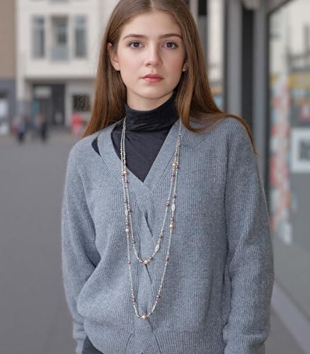 Dazylleco Silber Lange Perlenkette Damen Halskette Statement Lang Doppelsträngige Modeschmuck Muttertagsgeschenk für Mama(Champagne)