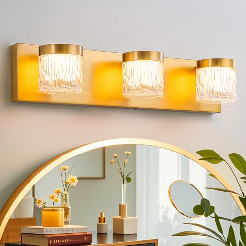 Image of WILON 3-Light LED Vanity Wall Sconce, Gold Bathroom Lighting Fixture | 3 Color Dimmable, Modern Farmhouse, Striped Glass Shade, for Bedroom Living Room Hallway Mirror Vanity, Bulbs Not Included