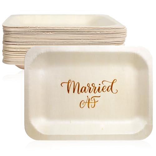 Married AF - Platos desechables de boda, alternativa rústica y compostable a los platos de plástico para recepciones de boda, fiestas de compromiso y cenas de ensayo (ensalada/postre, paquete de 50)