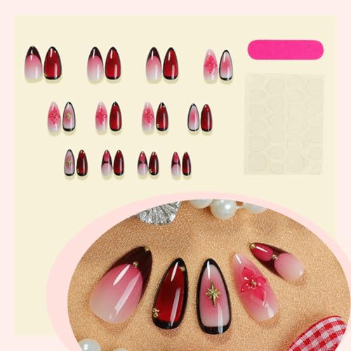 Image of Red Press on Nails Flower Fake Nails Red Ombre False Nail with Design Star Glue on Nails Artificial Acrylic Full Cover Medium Almond Stick on Nail for Women Nail Art Decoration 24Pcs