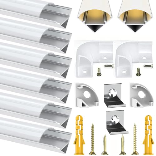 Chesbung Led Aluminum Profile for LED Strip Lights, 6 x 1M/3.3ft V Shape Aluminum Channel with Corner Connectors and White Cover, Strip Channels and Strip Diffusers with End Caps and Mounting Clips