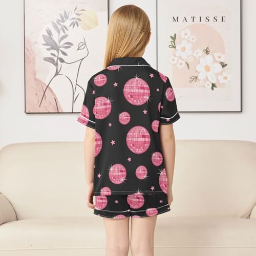 Satin Pajama Sets Short Sleeve Pink Disco Balls Pattern Button Down Silky Nightwear 2 Piece PJS 5-14Y4