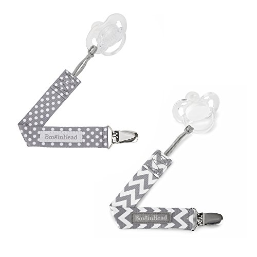 BooginHead Baby Newborn PaciGrip Pacifier Clip, Holder, Toy, Teether, Soothie, Universal Loop Girl, Boy, Gray Chevron, Gray Polka Dots, 2 Pack