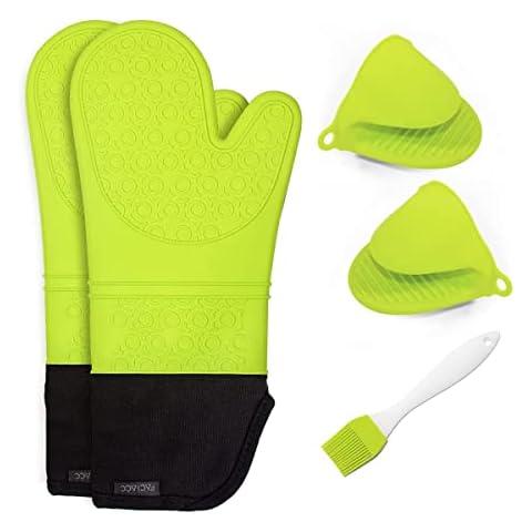 FACIACC Oven Gloves Set, Silicone Kitchen Gloves with Cotton Lining Heat Resistant Waterproof Gloves with Extra Oven Mitts Pot Holder with Silicone Brush for Microwave BBQ Cooking Baking (Neon Green) Cover