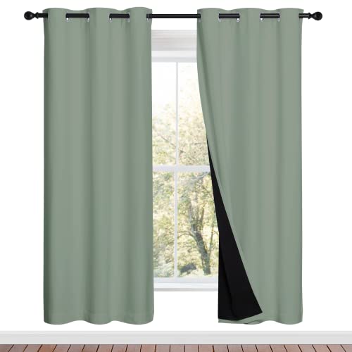 Image of NICETOWN 100% Blackout Window Curtain Panels, Full Light Blocking Drapes with Black Liner for Nursery, 72-inch Drop Thermal Insulated Draperies (Greyish Green, 2 Pieces, 42-inch Wide Per Panel)