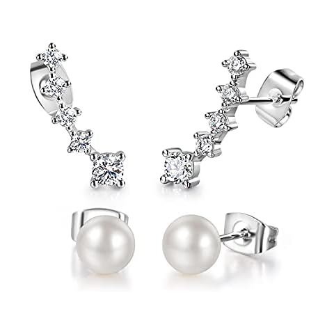 18K White Gold Plated Love Knot Stud Earrings for Women Girls, Class Cubic Zirconia Flower Cluster Earrings for Bridal, Brass, Cubic Zirconia Pearl Cover