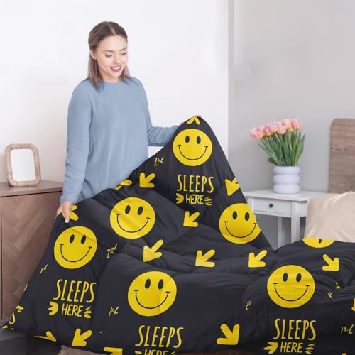 Image of 200 GSM 400 TC Kids Glace Cotton Reversible Cartoon Printed Double Bed King Size Comforter with Matching Bedsheet 90 * 100 with 2 Pillow Covers Set of 4 Pieces (Black Smile)