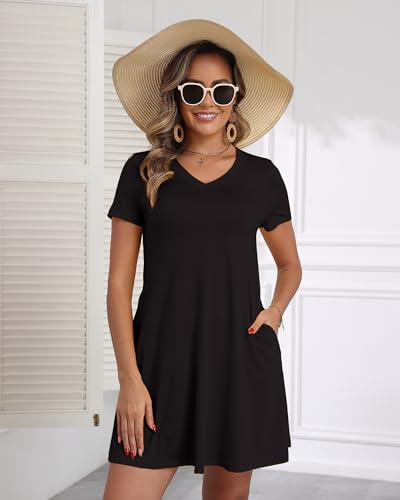 Image of COSSEN Women's Casual T Shirt Dress V-Neck Short Sleeves Swing Dresses Birthday Party Summer Travel Beach with Pocket