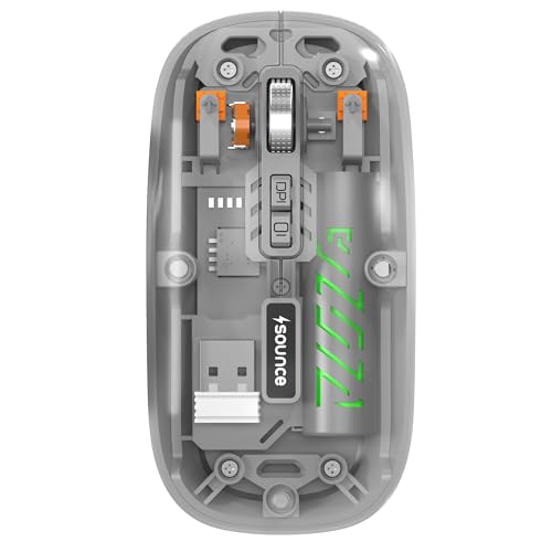 Image of Sounce AeroClick Transparent Wireless and Bluetooth Rechargeable Mouse with 500mAh Battery, 3 Adjustable DPI 800 1200 1600, Dual Bluetooth 5.1 and 2.4GHz Wireless, LED Display for PC Laptop Mac (Grey)