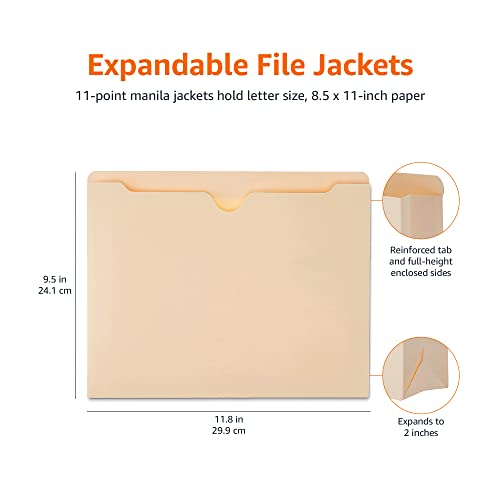 Image of Amazon Basics Reinforced File Jackets, Letter Size, Straight-Cut Tab, 2 Inch Expansion, Manila, 50-Pack