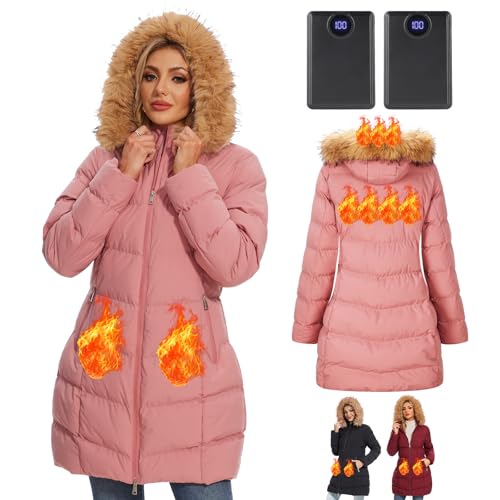 Women heated jacket with 2Pcs 12000mAh batteries heated coat with faux fur hood