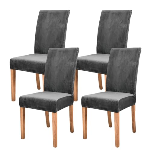 Fundas elásticas de terciopelo para sillas de comedor, fundas para cocina, banquete, hotel y decoración del hogar, paquete de 4 unidades, color gris oscuro, protege y mejora tus muebles de comedor