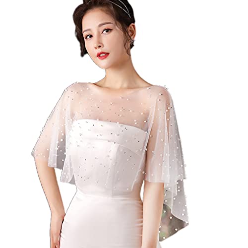 Women Sheer Pleated Wedding Shawl Rhinestone Pearl White Capelet Bolero Shrug White, 150-180cm(59.06-70.87in)