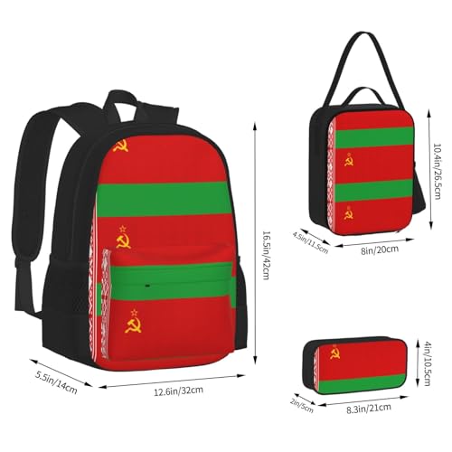 Flag Of Belarus Print 3 Piece Backpack Set, Laptop Daypack, Lightweight Bookbag Set With Lunch Bag Pencil Case3