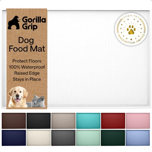 Image of GORILLA GRIP 100% Waterproof Raised Edge BPA Free Silicone Pet Feeding Mat, Dog Cat Food Mats Contain Spills Protects Floors, Placemats for Cats and Dogs Water Bowl, Pets Accessories 23x15 White