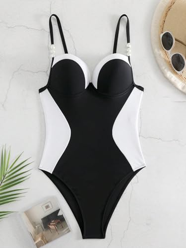 WDIRARA Women's Color Block Pearls Push Up One Piece Swimsuit Monokini Bathing Suit Black and White Medium - Image 3