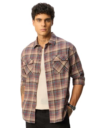 Image of The Souled Store: Blue Sails Men and Boys Long Sleeve Collared Neck Button Front Blue and Cream Checked Embroidered Regular Fit Cotton Linen Shirt