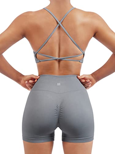 SUUKSESS Women Seamless Workout Sets Strappy Sports Bra High Waist Booty Shorts Outfits