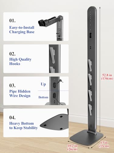 Image of Sturdy Metal Vacuum Stand for Dyson V16 Gen5 V15 V12 V11 V10 V8 V7 V6 , Freestanding Standing Holder w /Hidden Cable Design & 4 Hooks, Space-Saving Storage Rack for Cordless Vacuums, Deep Gray