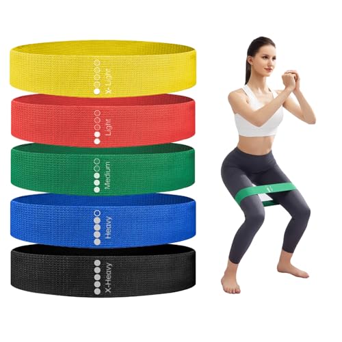 Weerstandsbanden Stof Resistance Band Set, 5 Verschillende Weerstanden, Loop Bands voor Billen en Been Oefeningen, Fitness Yoga Pilates Krachttraining met Draagtas