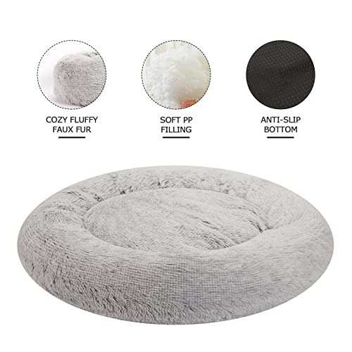 Image of Bedfolks Calming Donut Dog Bed, 30 Inches Round Fluffy Dog Beds for Medium Dogs, Anti-Anxiety Plush Dog Bed, Machine Washable Pet Bed (Light Grey, Medium)