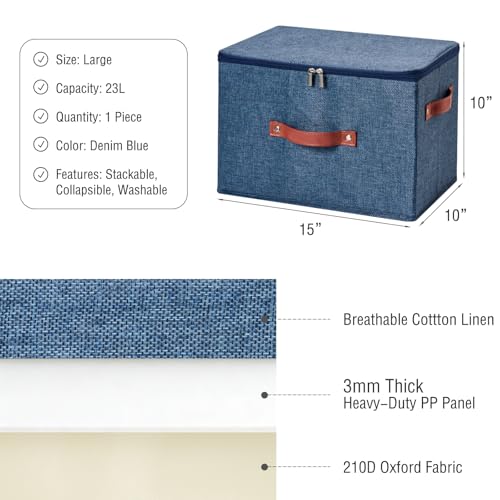 Image of Storage Bin Box with Zippered Lid Cotton Linen Fabric Decorative Basket PU Leather Handles PP Plastic Board Foldable Lidded Clothing Shelf Closet Organizer Container (Denim Blue, Large)