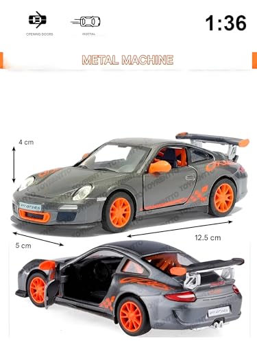 Image of 1:36 Porschee GT3 RS 2010 Alloy Sports Car Model - Diecast Metal Pull Back Toy with Openable Doors, Inertia Action, Collectible Car for Kids & Adults-Grey