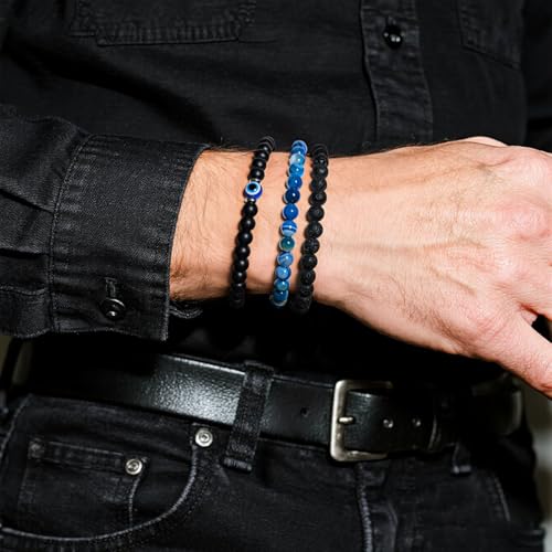 3PCS Evil Eye Bracelet 6mm Tiger Eye Natural Stone Stretch Adjustable Black Crystal Beaded Bracelet for Men Women Gifts2