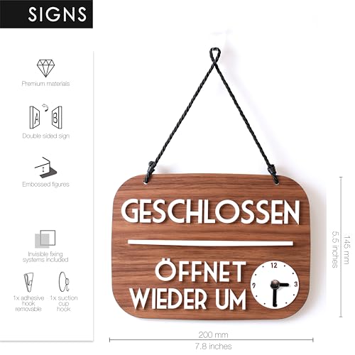 3DP Geöffnet Geschlossen Schild Bin gleich zurück mit Saugnapf, Vintage Retro - Öffnungszeiten änderbar, mit Zeitanzeige und beweglichen Zeigern (Nussbaum, Deutsch)