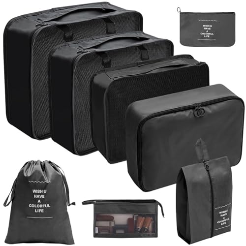Koffer Organizer 8er Set - Kofferorganizer mit Kosmetiktasche und Packtaschen für Reisen als Kleidertasche Packwürfel (Schwarz)